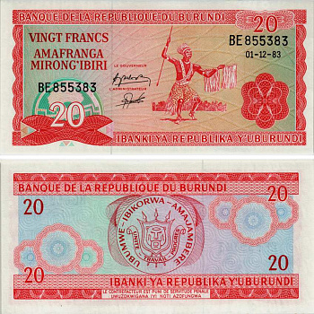 БУРУНДИ 20 ФРАНКОВ 1983 1 ДЕКАБРЯ 1983, ТАНЦОР Pick 27b бумага UNC (ПРЕСС) 7523-48-3-1