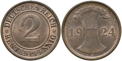 ГЕРМАНИЯ 2 РЕНТПФЕННИГА 1924 J J 307, KM 31 бронза UNC 66-722