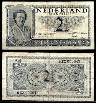 Нидерланды 2 1/2 гульдена 1945 Pick 73 бумага 7457-15-1-2