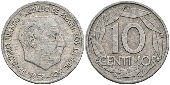 Испания 10 сентимо 1959 Франсиско Франко (1939-1975) KM 790 алюминий 4602-1218