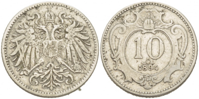 АВСТРИЯ 10 ГЕЛЛЕРОВ 1894 KM 2802 никель 3955-662