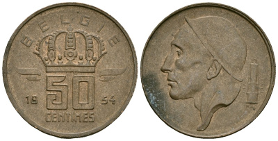 Бельгия 50 сантимов 1954 BELGIE KM 145 бронза 4164-1046