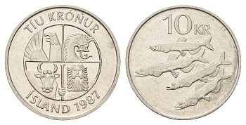 Исландия 10 крон 1987 рыбы KM 29.1 медно-никель 4678-1022