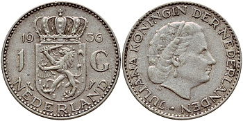 Нидерланды 1 гульден 1956 Юлиана (1948-1980) KM 184 серебро 1522-141