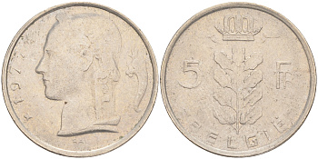 БЕЛЬГИЯ 5 ФРАНКОВ 1977 BELGIE KM 135.1 медно-никель 4556-554