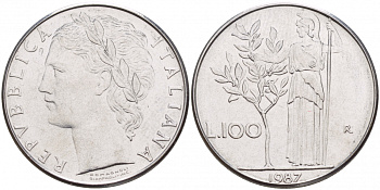 ИТАЛИЯ 100 ЛИР 1987 R, АФИНА У ОЛИВКОВОГО ДЕРЕВА KM 96.1 нержавеющая сталь 4545-732