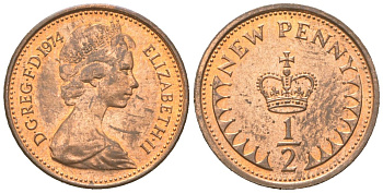 Великобритания 1/2 пенни 1974 Елизавета II (1952-2022) KM 914, Spink 4239 бронза UNC 4611-419