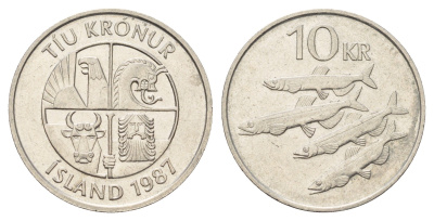 Исландия 10 крон 1987 рыбы KM 29.1 медно-никель 4678-1022