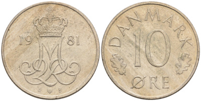 ДАНИЯ 10 ЭРЕ 1981 B; B, МАРГРЕТЕ II (1972-) KM 860.2 медно-никель 4564-1235