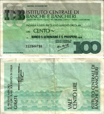 Италия чек на 100 лир 1977 25 июня 1977, L'institutocentrale Di Banche e banchieri, Milano бумага 435-27-2-2