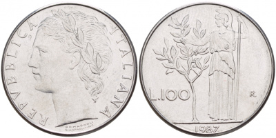 ИТАЛИЯ 100 ЛИР 1987 R, АФИНА У ОЛИВКОВОГО ДЕРЕВА KM 96.1 нержавеющая сталь 4545-732