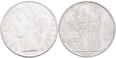 ИТАЛИЯ 100 ЛИР 1963 R, АФИНА KM 96.1 нержавеющая сталь 4526-126