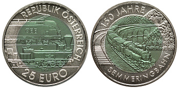 Австрия 25 евро 2004 история железной дороги, вставка из ниобия, зеленая KM 3109 биметалл, серебро UNC 00-820-65