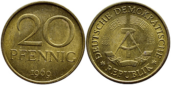 ГДР 20 пфеннигов 1969 А, первый год KM 11 латунь UNC 4397-433