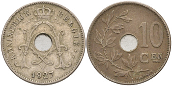 БЕЛЬГИЯ 10 САНТИМОВ 1927 BELGIE KM 86 медно-никель 106-655