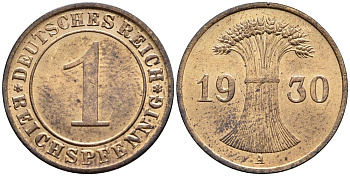 ГЕРМАНИЯ 1 РЕЙХСПФЕННИГ 1930 A KM 37, J. 313, Weege 2 бронза 4547-147