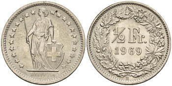 Швейцария 1/2 франка 1969 B KM 23a медно-никель 4608-529