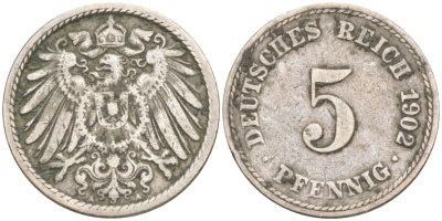 ГЕРМАНИЯ 5 ПФЕННИГОВ 1902 A, KM 11, J. 12 медно-никель 73-1559