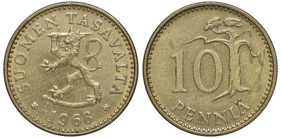 ФИНЛЯНДИЯ 10 ПЕННИ 1968 S KM 46 алюминиевая бронза 3334-1124