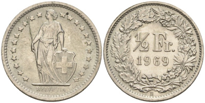 Швейцария 1/2 франка 1969 B KM 23a медно-никель 4608-529