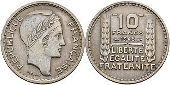 Франция 10 франков 1948 тип Пьер Турин KM 909.1, Le Franc 362.3 медно-никель 4153-456
