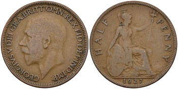 Великобритания 1/2 пенни 1927 Георг V (1910-1936) KM 824, Spink 4057 бронза 4143-713