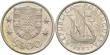 Португалия 5 эскудо 1983 Парусник KM 591 медно-никель 4575-235
