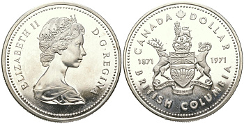 Канада 1 доллар 1971 100 лет присоединению Британской Колумбии KM 80 серебро BU 1066-3-42