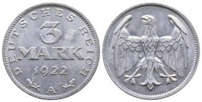 ГЕРМАНИЯ 3 МАРКИ 1922 А KM 28, J. 302 алюминий 4380-716