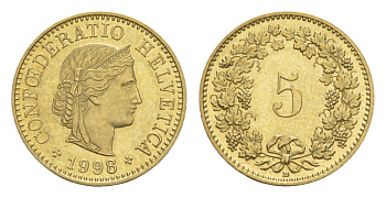 Швейцария 5 раппенов 1998 B KM 26c алюминиевая бронза 4532-1011