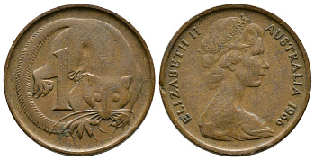 АВСТРАЛИЯ 1 ЦЕНТ 1966 ЕЛИЗАВЕТА II, МОЛОДОЙ ПОРТРЕТ, ОПОССУМ КМ 62 бронза 35-115