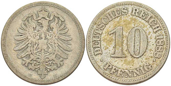 ГЕРМАНИЯ 10 ПФЕННИГОВ 1888 E, СТАРОГЕРБОВКА KM 4, J. 4, Weege 7 медно-никель 261-1226