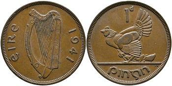 Ирландия 1 пенни 1941 курица с цыплятами KM 11 бронза 4531-631