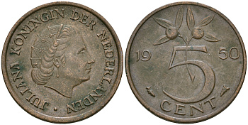 Нидерланлы 5 центов 1950 Юлиана (1949-1980) KM 181 бронза 4364-1621