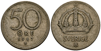 Швеция 50 эре 1947 Густав V (1907-1950) KM 817 серебро 4177-927