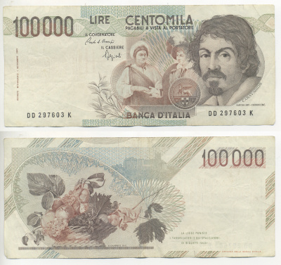 Италия 100000 лир 1983 Караваджо, фруктовый букет, подпись Speziali Pick 110b бумага 7220-11-2