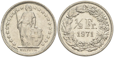 Швейцария 1/2 франка 1971 KM 23a медно-никель 4608-532