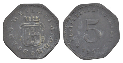 Вайльхайм 5 пфеннигов 1917 Funck 585.1, Men18 33057.1 цинк 4636-1037