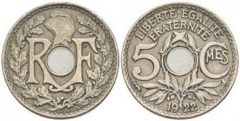 ФРАНЦИЯ 5 САНТИМОВ 1922 tb, ТИП ЛИНДАЙЁ, МОНЕТНЫЙ ДВОР ПУАССИ, МОЛНИЯ KM 875 медно-никель 3309-1011