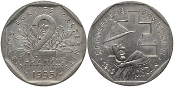 Франция 2 франка 1993 Жан Мулен, 50 лет Национальному движению сопротивления KM 1062, Le Franc 273.2 никель 181-446