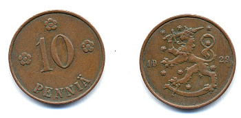 Финляндия 10 пенни 1929 республика (1918-1962) KM 24 медь 46-1655
