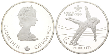 Канада 20 долларов 1987 XV зимние Олимпийские Игры, Калгари 1988 - Фигурное катание, в оригинальной упаковке, с сертификатом KM 155 серебро PROOF 8-2-01-62