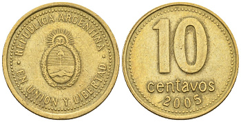 Аргентина 10 сентаво 2005 KM 107, CJ 3, Schon 110 алюминиевая бронза 4609-1254