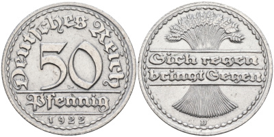 Германия 50 пфеннигов 1922 D KM 27, J. 310 алюминий    4595-142