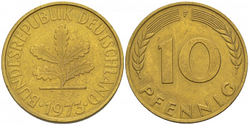 ФРГ 10 ПФЕННИГОВ 1973 F KM 108, J.383 сталь плакированная латунью 3996-625