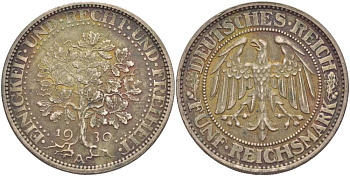 Германия 5 рейхсмарок 1930 А, дуб, Веймарская республика Weege 21, J. 331, KM 56 серебро 00-820-12