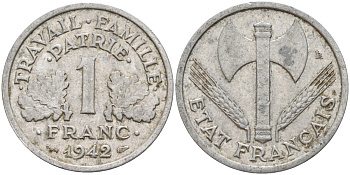 Франция 1 франк 1942 LB, тип Lourde, правительство Виши KM 902.1, Le Franc 222.2 алюминий 4142-917
