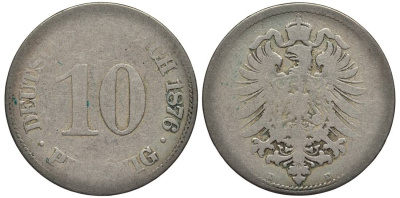 ГЕРМАНИЯ 10 ПФЕННИГОВ 1876 E, СТАРОГЕРБОВКА KM 4, Jager 4, Weege 7 медно-никель 4546-1135