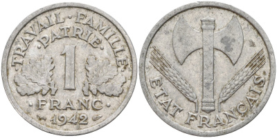 Франция 1 франк 1942 LB, тип Lourde, правительство Виши KM 902.1, Le Franc 222.2 алюминий 4142-917