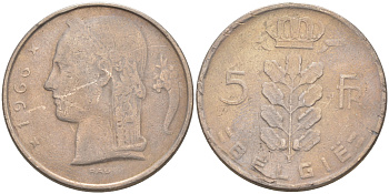 БЕЛЬГИЯ 5 ФРАНКОВ 1966 BELGIE KM 135.1 медно-никель 106-354
